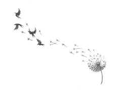 a dandelion blowing in the wind with flying birds