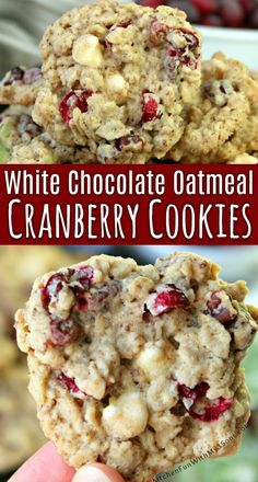 white chocolate oatmeal cranberry cookies are stacked on top of each other