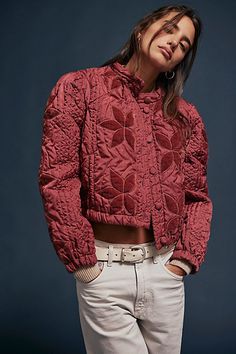 Just as cool as it is classic, this effortlessly edgy jacket is featured in a boxy, cropped silhouette with defined quilting and patching throughout for an added dimensional look. **Fit:** Relaxed, slouchy fit **Features:** Button-front closure, elasticated bottom hem, defined shoulders **Why We | Quinn Quilted Jacket by Free People in Red, Size: S Edgy Jacket, Quilt Jacket, Free People Jacket, Sweet Heart, Corduroy Jacket, Padded Jacket, Quilted Jacket, Boho Outfits, Long Tops