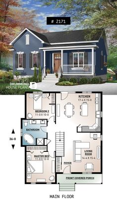 the floor plan for a small house with two bedroom and an attached porch, is shown