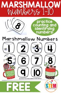 a poster for marshmallow numbers 1 - 10 with an image of a coffee cup and