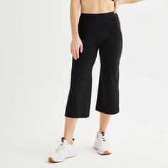 These fashionable yet comfortable Tek Gear wide-leg crop pants are perfect for any occasion. The moisture-wicking, ultra-stretch fabric provides maximum comfort while the elastic waistband ensures an ideal fit. Whether relaxing at home, working out or enjoying a night out, you'll love the versatility of these lightweight pants. With two pockets and a 24-inch inseam, these pants are designed to flatter any body type. A must-have basic for any modern woman's wardrobe. Click on this WOMEN'S GUIDE t Casual 4-way Stretch Capris For Yoga, Relaxed Fit Wide Leg Cargo Pants, Casual Wide-leg Elastane Yoga Pants, Casual Moisture-wicking Capri Length Pants, Versatile Stretch Ankle-length Capris, Casual Moisture-wicking Capri Pants, Versatile Elastane Ankle-length Yoga Pants, Casual High Stretch Go-dry Bottoms, Versatile Black Cropped Leg Bottoms