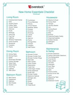 the new home essentials checklist is shown in green and white with blue trim