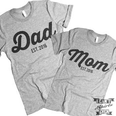 Dad Est. Mom Est. 2016 Couples T Shirt. Father's Day Fan Merchandise T-shirt With Letter Print, Matching Crew Neck T-shirt For Father's Day, Father's Day Cotton T-shirt With Graphic Print, Father's Day Graphic Print Short Sleeve Tops, Summer Graphic Print Matching T-shirt, Family Matching Slogan T-shirt With Crew Neck, Unisex Family Matching T-shirt With Screen Print, Family Matching Short Sleeve Pre-shrunk T-shirt, Family Matching Letter Print T-shirt For Fans