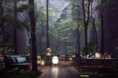 a room with tables, chairs and lights in the middle of it surrounded by trees