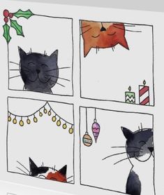 four different pictures of cats with christmas decorations