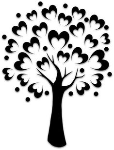 a black and white tree with hearts on it