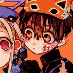 two anime characters with big eyes and hats on their heads, one is looking at the camera