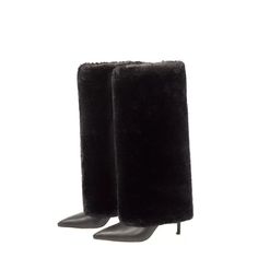 Leather Fur Design Knee High Boots Winter Heeled Boots With Leather Sole, Winter Leather Heeled Boots With Suede Lining, Chic Winter Boots With Leather Lining, Winter Knee-high Boots With Pointed Toe In Calf Leather, Chic Winter Mid-calf Boots With Leather Sole, Chic Winter Mid-calf Calf Leather Boots, High Heel Boots With Leather Lining For Winter, Wide Calf Heeled Boots In Calf Leather For Winter, Winter Heeled Boots In Calf Leather For Wide Calf