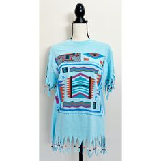 Vintage 1990s | Southwestern Beaded Fringe T-Shirt. Multicolored southwestern pattern Crewneck t-shirt. Beaded fringe on sleeves and hem. No tags. Good vintage condition: some fading and small bleach stains and some minor, faded stains. Measurements are as follows: 39" chest, 18.5" shoulders, 32" length. Fringe Tshirt, Rock Hat, Southwestern Patterns, Beaded Fringe, Womens Clothing Tops, Labour Day, Beaded Necklace, Bathing Beauties, Tops & Tees