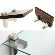 two glass shelves with metal brackets on the top and bottom, one is made out of wood