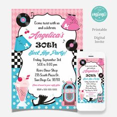 a pink and blue birthday party with an old fashioned record player on the front, black and white checkered background