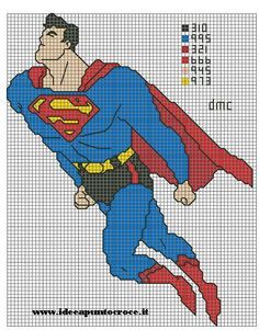 the superman cross stitch pattern is shown in blue and red