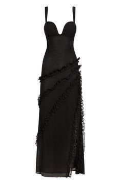 If there's one think we know how to do, its' make a black maxi dress look anything but average. Meet our Belle Bustier Ruffle Maxi Dress - cut from our exclusive double layered mesh fabric, this bodycon silhouette is complimented with ruffle detailing across the front and back of the dress. The ruffle also trims the front slit on the left side. The bustier cups provide padded coverage while the thick adjustable straps provide comfortability. Ruffle Maxi Dress, Cocktail Event, Evening Cocktail