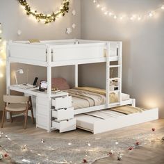 a white bunk bed with drawers underneath and lights on the wall above it in a bedroom