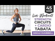 a woman is doing an exercise with the words live workout strength and cardio tabata