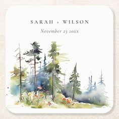 a watercolor painting of trees and flowers on a white coaster with the words, sarah & wilson