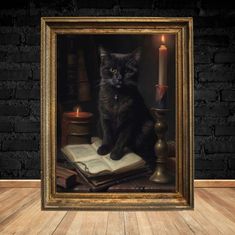 a painting of a black cat sitting on top of an open book next to a candle