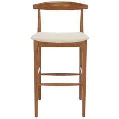 a wooden bar stool with a white upholstered seat and back rest on a white background