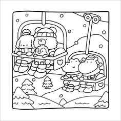 a black and white drawing of cartoon characters in the winter scene with snowflakes