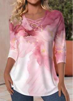 Color:Pink;Size:S;Size:M;Size:L;Size:XL;Size:XXL;Package Contents:1 X T Shirt;Occasion:Other;Style:Bohemian; Trendy Womens Shirts, Pink Tankini, Boutique Style Outfits, Trendy Tops For Women, Fairy Figurines, Lovely Tops, Tops Casual, Clothing Design, Marble Print