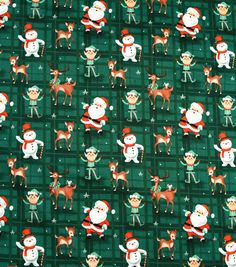 a green christmas fabric with santa and reindeers on the front, all in different colors