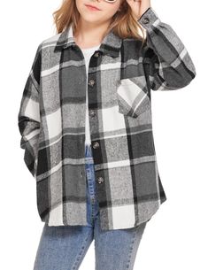 PRICES MAY VARY. [ Long Sleeve Shirt ]: This flannel shirts for girls made of soft and comfortable fabric,Casual and loose fit,Classic plaid pattern blouses tops with high quality [ Button Down Shirt ]: The plaid shacket jacket featuring fashion Turn Down Collar/Front Button Closure/Long Sleeves with Button Cuffs/Dropped Shoulders/Flannel Cotton,super soft,cute,breathable shirt tops take your kids comfy and warm [ Plaid Blouses ]: Front button design makes the flannel shirts can be pair with var Pattern Blouses, Blouse Collar, Girls Flannel, Fashion Oversized, Plaid Shacket, Flannel Shirts, Soft Cute, Flannel Tops, Long Sleeve Flannel