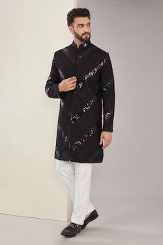 Black silk thread embroidered chevron pattern sherwani highlighted by sequinwork. - Aza Fashions Sherwani For Men, Black Thread, Silk Thread, Chevron Pattern, Embroidered Silk, Mandarin Collar, Black Silk, Aza Fashion, Thread