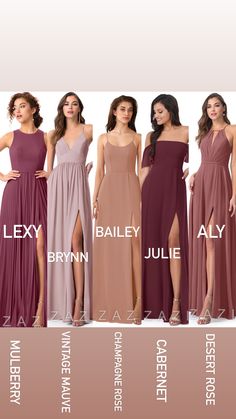 four different bridesmaid dresses with their names on the front and side, including one in