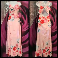 This Dress Is Gorgeous 95% Polyester 5% Spandex Fully Lined Bubble Gum Pink With Red:Pink:Blue:Teal Floral Print Zip Closure S(4-6)M(8-10)L(12-14) Adjustable Straps V Neck Line With Lace Up Detailing Bow Look In Back Lightly Padded Bust Cut Out Back Full Length Msrp 125$ #A004563210 Stretch Maxi Dress For Garden Party, Pink Stretch Maxi Dress For Vacation, Pink Stretch Maxi Dress For Summer, Fitted Backless Maxi Dress For Spring, Stretch Floral Print Backless Dress, Spring Party Rose Print Maxi Dress, Pink Stretch Casual Maxi Dress, Pink Stretch Maxi Dress Casual Style, Casual Pink Stretch Maxi Dress