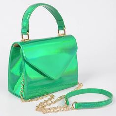 "Dimensions: 6.5\"W x 5\"H x 3\"D  * Gold Hardware  * Detachable Strap * Holographic" Green Crossbody Party Bag, Green Crossbody Party Bags, Green Crossbody Bags For Party, Green Shoulder Bag For Party, Green Crossbody Box Bag For Party, Trendy Green Box Bag For Party, Holographic Bag, Star Darlings, Sling Bags