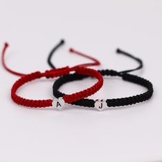 ●How to Order  ✓ Pick your 1st and 2nd cord colors (please see last photo for color details) via dropdown menu ✓ Please specify your custom Initials in customization section as example. example:  #1 K #2 J ● About Laser Engraved Initial Bracelets ✓ These bracelets are shipped in 2 Pieces ✓ Please let me know via personalization section If you have special request. I will be happy to fulfill your wishes. ✓ These bracelets are all be adjustable sliding knot. These bracelets can adjustable for all Bf And Gf Matching Bracelets, Bracelet Initial, Engraved Initials, Couple Bracelets, Sliding Knot, Silver Engraving, Initial Bracelet, Custom Initials, Matching Bracelets