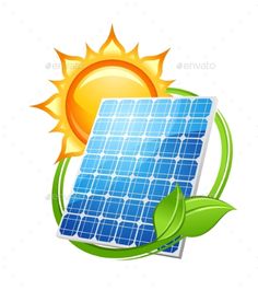 a solar panel with the sun in the background and green leaves around it, on top of a white background