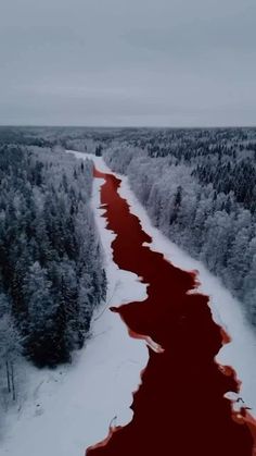 an aerial view of a river in the middle of a snowy forest with red water