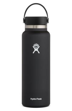 the hydro flask water bottle is black and has a white logo that says hydro flask