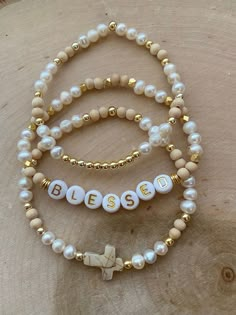 Beaded Bracelets Ideas Aesthetic, Christian Heishi Bracelets, Godly Bracelets, Christian Beaded Jewelry, Personalized Beaded Bracelets, Neutral Bracelet Ideas, Neutral Beaded Bracelets, Bracelet Pictures Ideas, Name Bracelet Beads