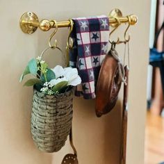 a potted plant hanging from a hook on a wall