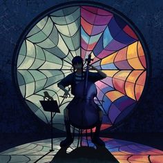 a man playing the cello in front of a stained glass window with spider webs on it