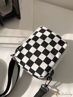 BirdinBag - Mini Checkered Print Crossbody Bag - Stylish & Versatile Phone Purse for Women & Girls Casual Square Mobile Phone Bag, White Rectangular Chest Bag For Daily Use, Casual Square Shoulder Bag For School, White Square Canvas Bag For School, White Rectangular Pouch With Adjustable Strap, White Casual Box Bag With Adjustable Strap, Casual White Box Bag With Adjustable Strap, Casual Pouch Box Bag For School, White Square School Bag