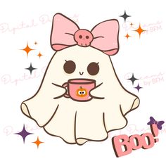 a white ghost with a pink bow holding a coffee cup in her hand and the word boo on it