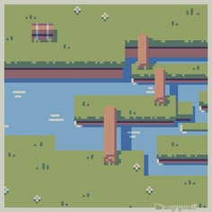 an old pixel art style video game with water and trees in the foregrounds