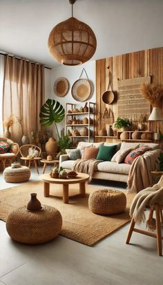 a living room filled with lots of furniture and plants on the wall next to windows