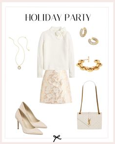 Make a statement at holiday parties with a chic look that balances festive flair &modern elegance, with this white bow sweater and floral jacquard A-line mini skirt. Step into white pointed heels that add a sleek and polished touch to the look. Carry your essentials in a white leather shoulder and elevate the look with a gold link bracelet, offering a subtle hint of glamour. Complete the outfit with sparkle hoop earrings and a coordinating necklace. White Pointed Heels, Party Outfit Christmas, Outfit Christmas Party, Elegant Holiday Party, Winter Holiday Outfits, Holiday Party Outfit Christmas, Black Faux Leather Leggings