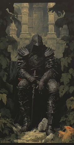 a painting of a knight sitting in the woods