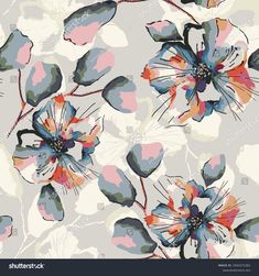 an abstract floral pattern with blue, pink and green flowers on a gray background stock photo