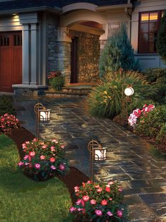 some flowers are growing on the side of a house in front of a driveway with lights