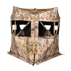 a hunting blind with two large windows in the front and one small window on the back