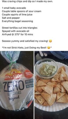 two pictures showing different types of food on paper plates, one with chips and the other with cheese