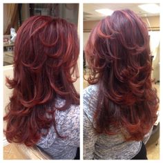 Layered Red Hair Long, Layered Fluffy Hair, R9 Haircut, Red Hair With Layers, Wavy Red Hair, The Butterfly Haircut, The Wet Look, Graduated Bob Haircuts