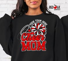 Personalized Cheer Cheerleading Mom School Spirit Hoodie Hooded Sweatshirt The perfect way to show your school spirit! This lightweight and super soft tee is everyone's favorite style.  Size and color charts are available in the product photos.  We do our best to accurately represent shirt colors by using actual photos but do understand that all monitors will display differently. Please contact us prior to purchase with any questions on sizing or colors. Your purchase includes a custom imprint created specifically for your team! A product proof will be emailed to you within 1 business day.  Please keep an eye on your Etsy messages and reply with any changes within 24 hours. Your shirt will be sent to production after that time if no response is received. Excessive editing will incur an add Black Fleece Tops For Team Spirit, Black School Spirit Sweatshirt For Cheerleading, Black Long Sleeve Hoodie For School Spirit, Long Sleeve Tops With Custom Print For Cheerleading, Team Spirit Fleece Tops With Graphic Print, Team Spirit Long Sleeve Sweatshirt With Custom Print, School Spirit Crew Neck T-shirt For Cheerleading, Customizable School Spirit T-shirt For Cheerleading, Pre-shrunk Long Sleeve Sweatshirt For Cheerleading